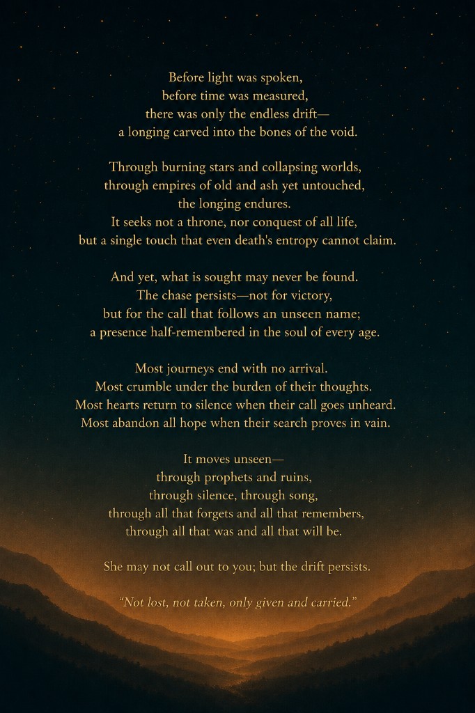 Back cover of Aeons: Love Throughout Time — golden verse over a starfield and amber horizon.