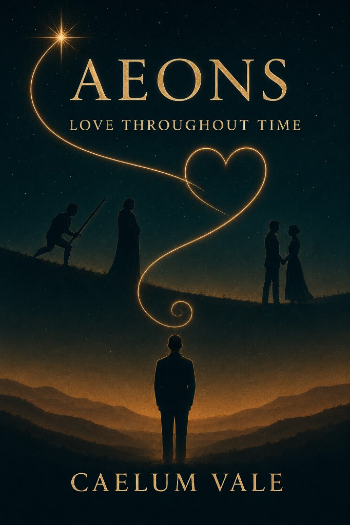 Front cover of Aeons: Love Throughout Time by Caelum Vale — a cosmic nightscape with a golden heart of light over silhouetted figures across time.